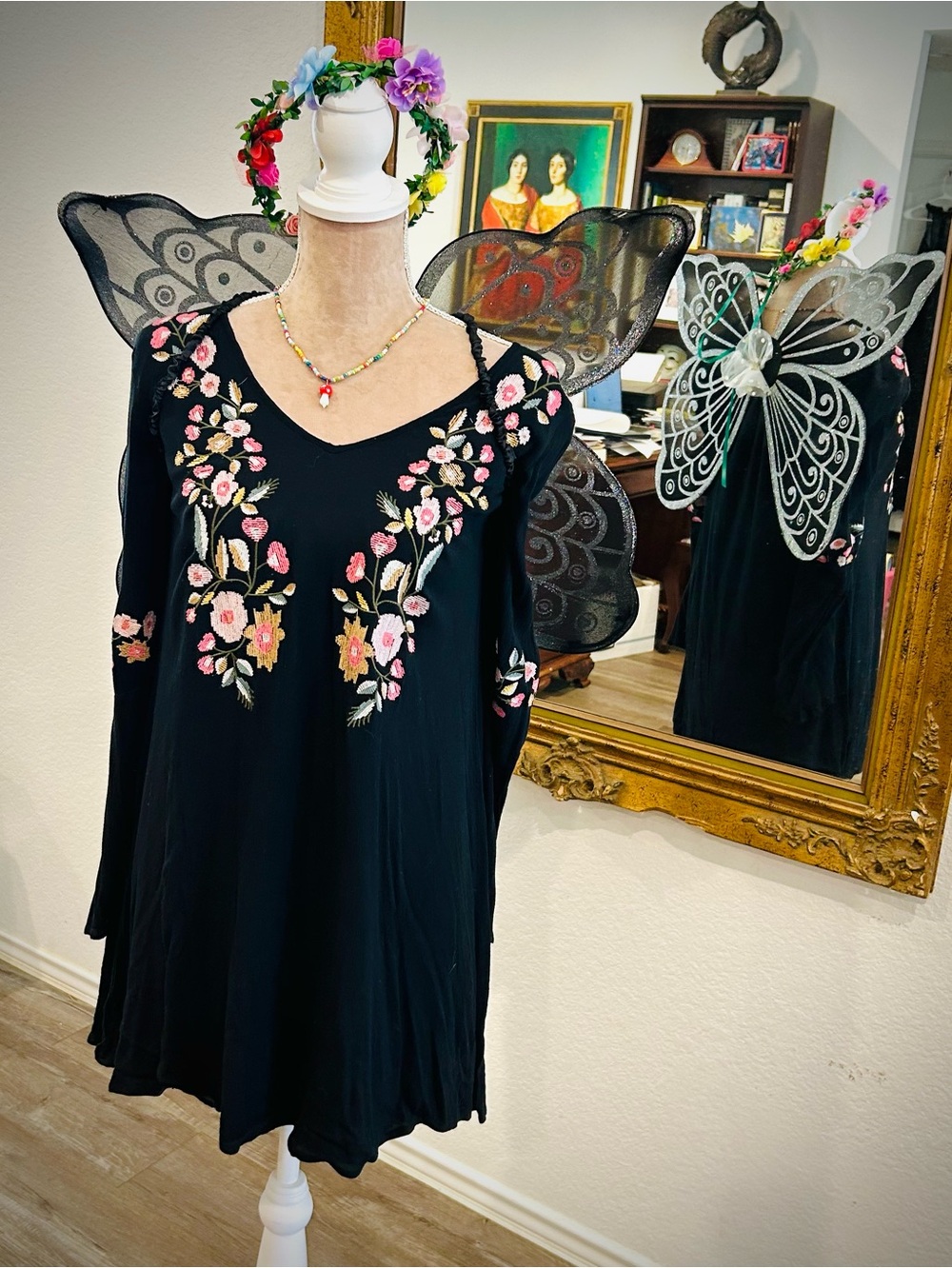 Curated Goth Fairy Halloween Costume with Forest Flowers Embroidered Dress Sz M